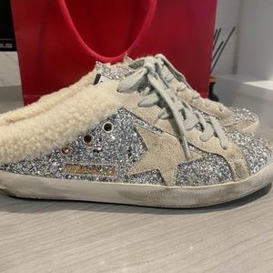 GOLDEN GOOSE Superstar Silver Glitter Shearling Slip On Sneaker